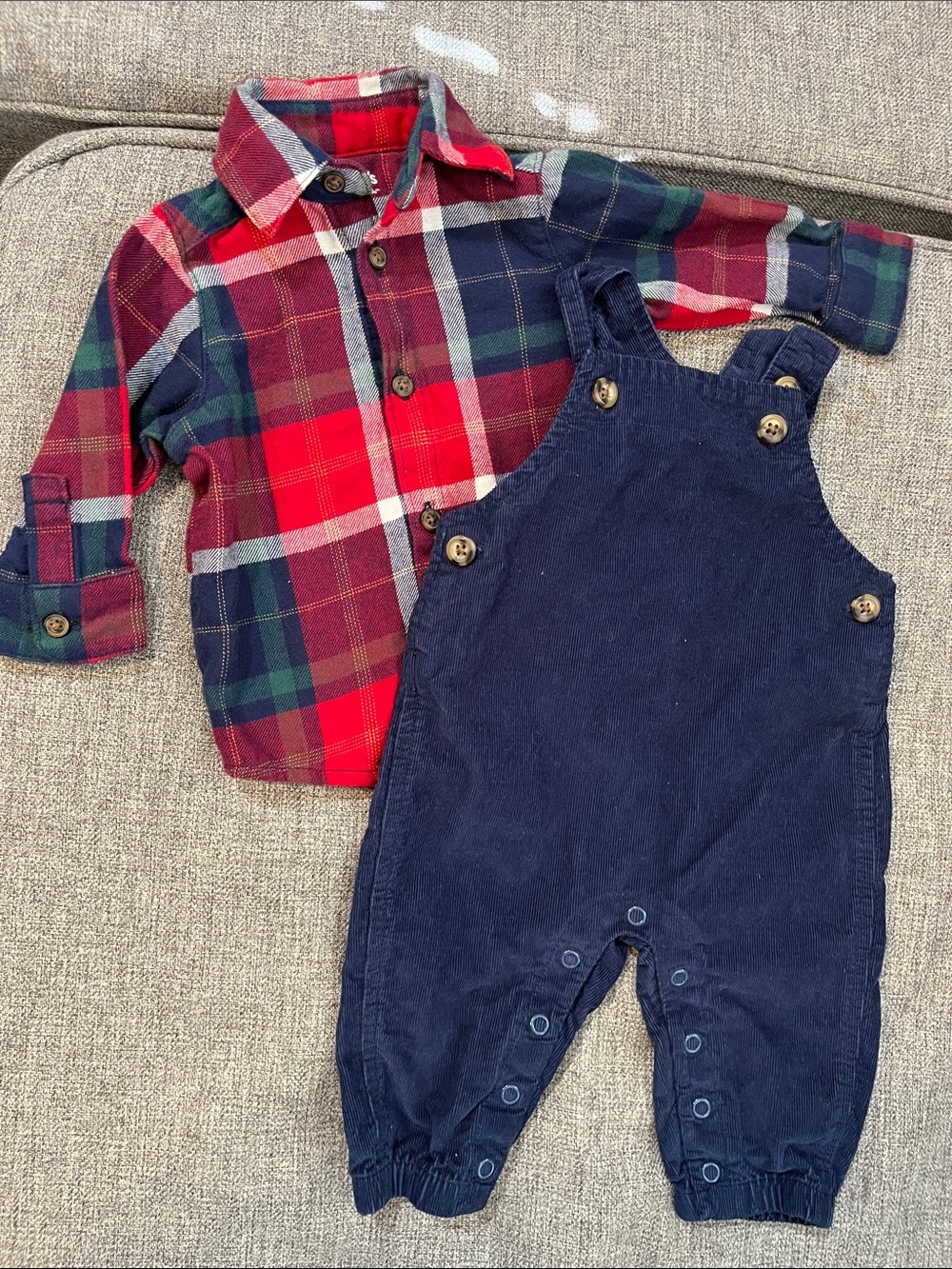 Carter's Navy Corduroy Overalls with Red and Green Plaid Shirt 0-3M Cute Combo